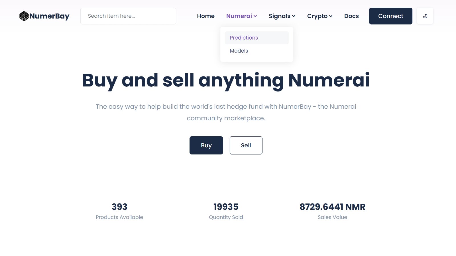 NumerBay marketplace showing prediction models and data listings